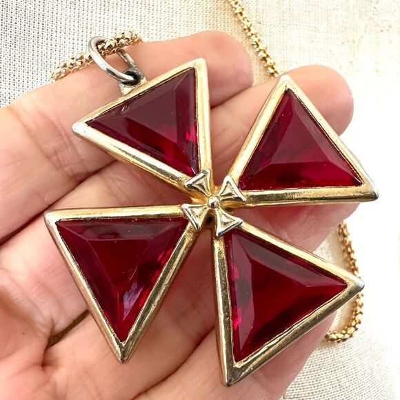 Maltese  red and gold tone Cross pendant necklace - Picture 4 of 11